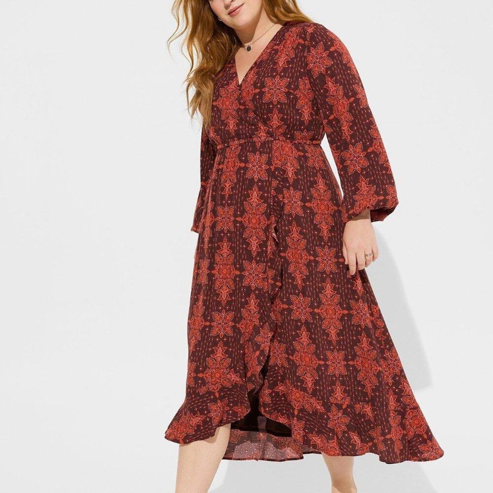 Torrid Midi Washable Crinkle Gauze Ruffle Surplice Dress Size 4X Medallion Multi